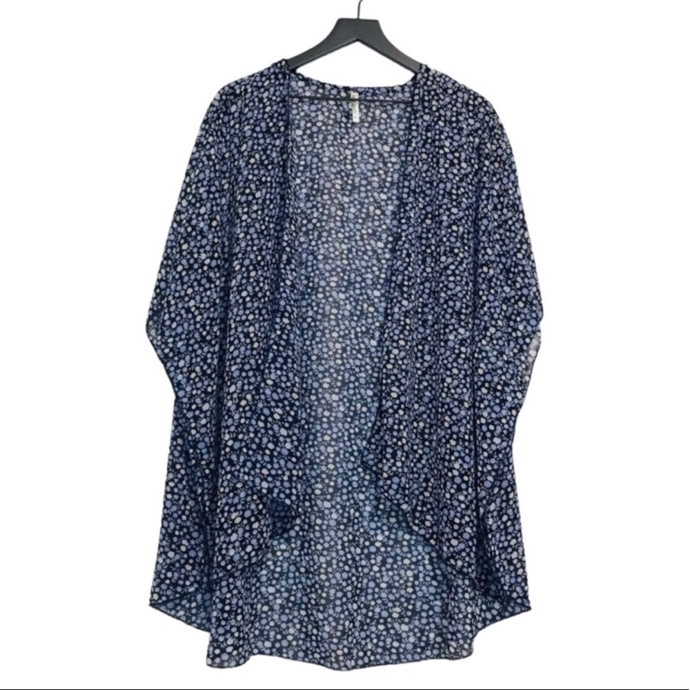 Bohemian Ditsy Floral Blue Kimono Kaftan Open Front Semi Sheer Duster Top